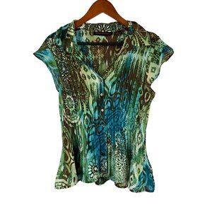 Hayley Matthews XL Womens Boho Top Green & Blue Tribal Print Button-Down